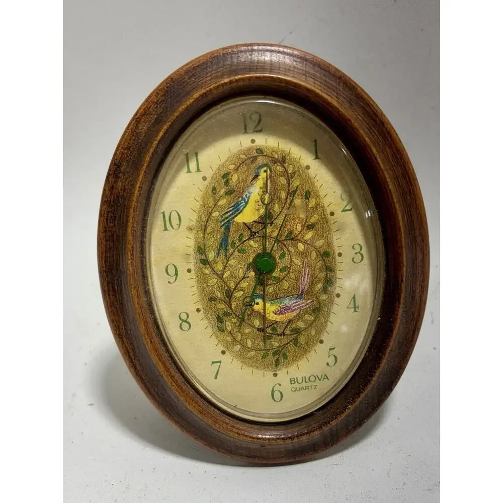 Vintage Bulova Quartz Desk Mantel Clock Bird Dial Faux Wood